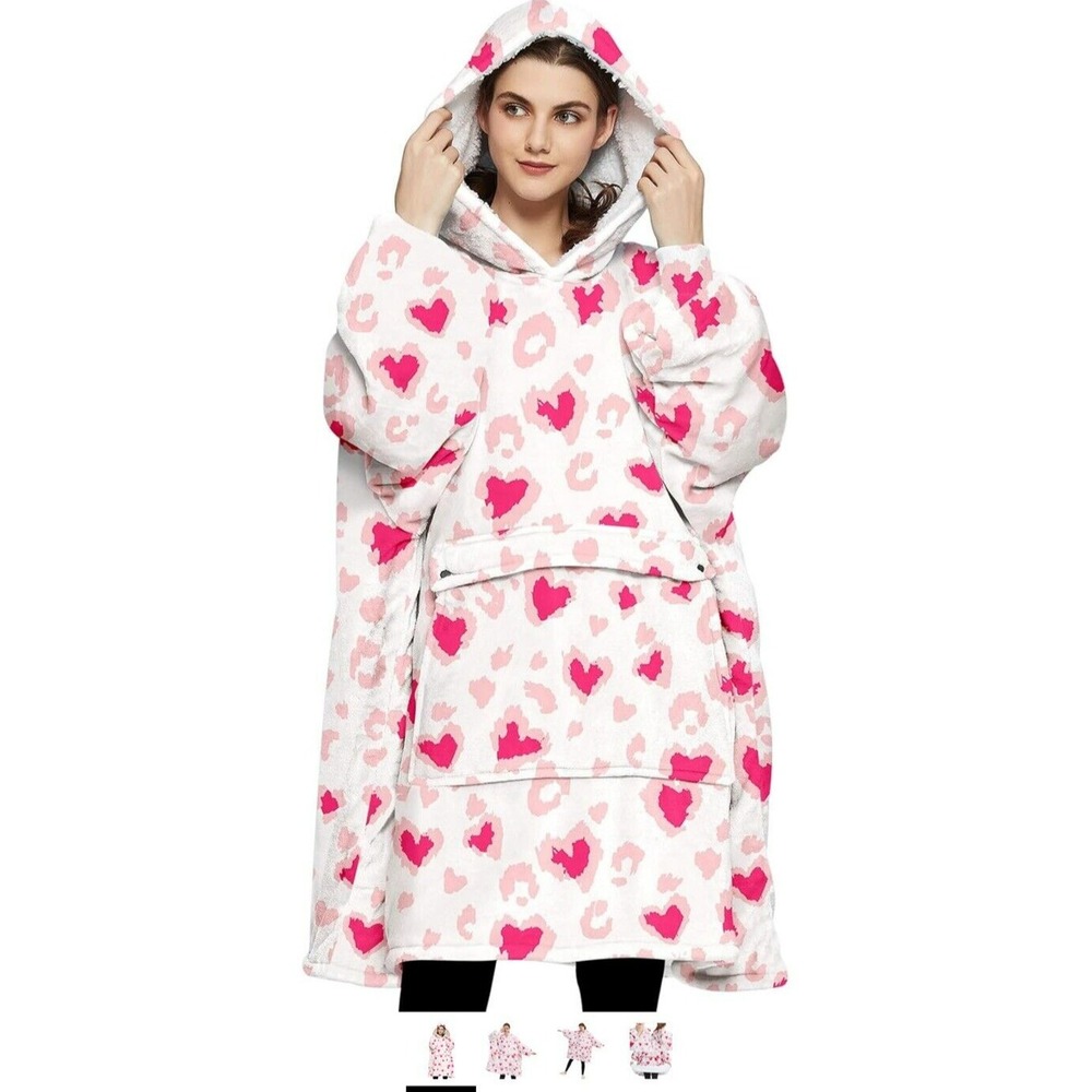 Blanket Sweatshirt Hoodie Adults‎ Sherpa White w/ Pink HEARTS Oversized LOVE NEW